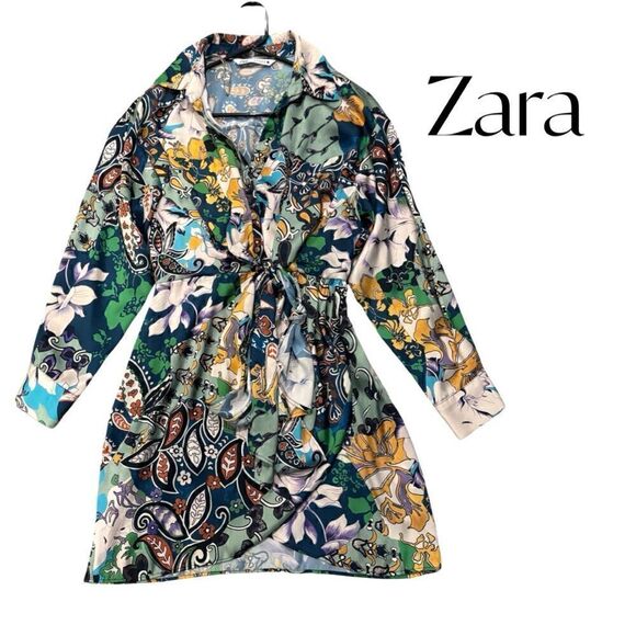 ZARA Patchwork Print Satin Effect Long Sleeve Faux Wrap Dress Sz S EUC - Picture 2 of 16